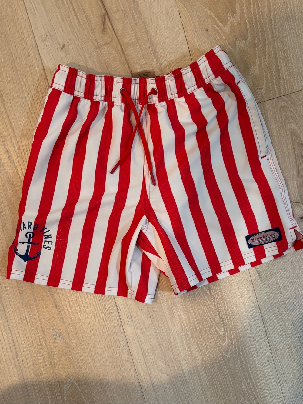 Vineyard Vines Red and White Striped Swim Trunks with Logo Patch